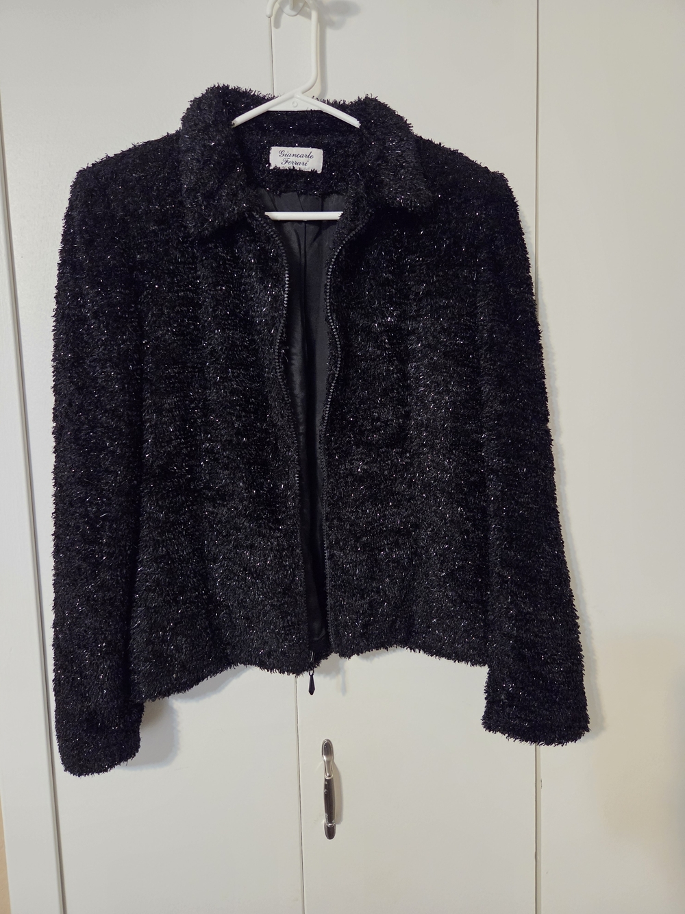 VTG Giancarlo Ferrari Black Metallic Eyelash Knit Jacket Zip Front Size 10